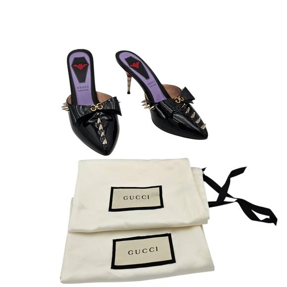 Gucci GG Bow Sadie Mid Heel Mule Spike Black Patent Leather Size 38 US 8 - Picture 2 of 13